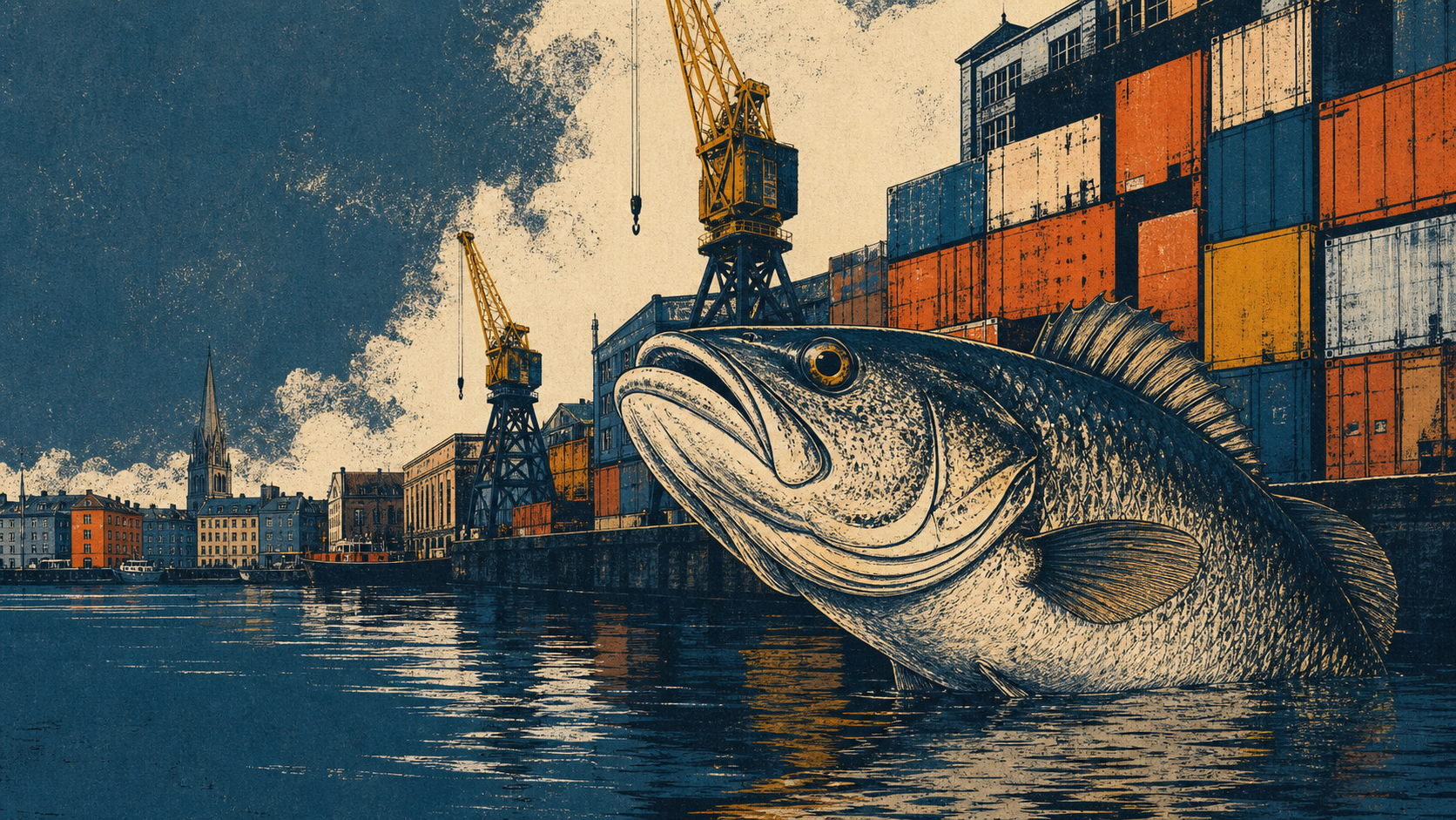 Screenprint bass swimming past Bristol harbour cranes